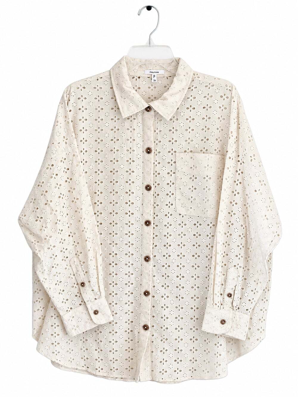 Maurices Womens 2X Eyelet Button Down Shirt Ivory Cotton Oversized NWT
